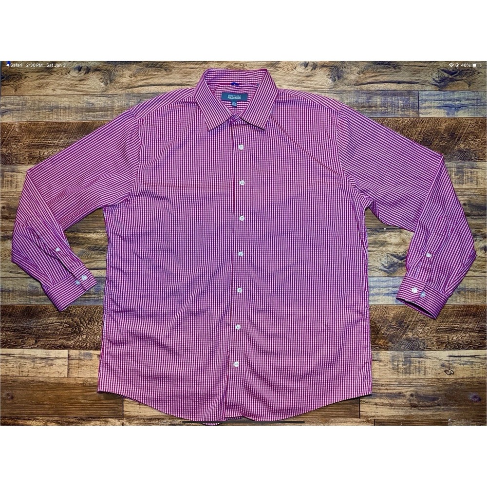 Kenneth Cole Reaction Button Down Shirt Slim‎ Fit Sz XL 34-35 Red Gingham
